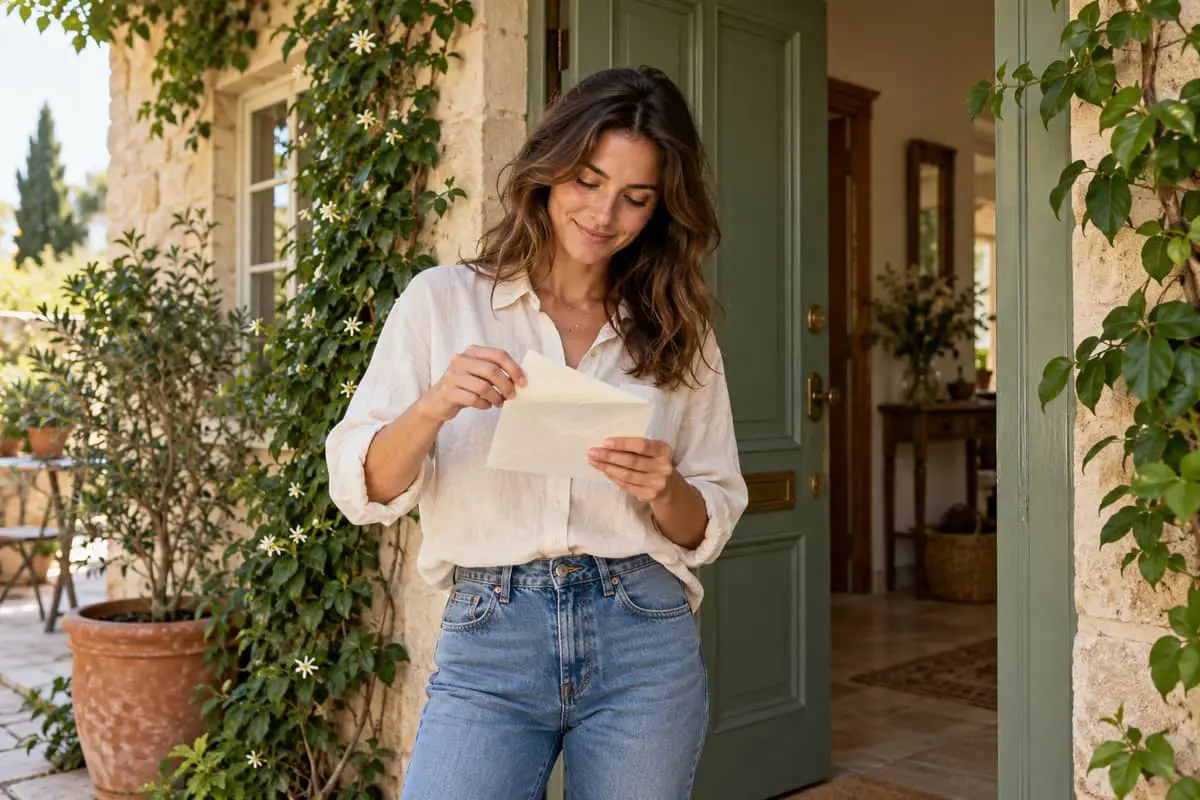 A woman opening a letter at the front door of her home