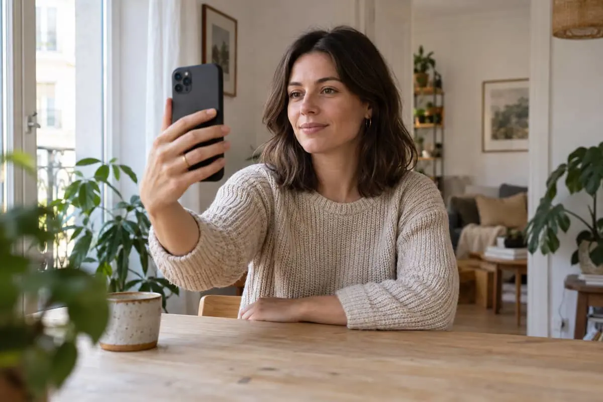 A person taking a selfie on their phone at home