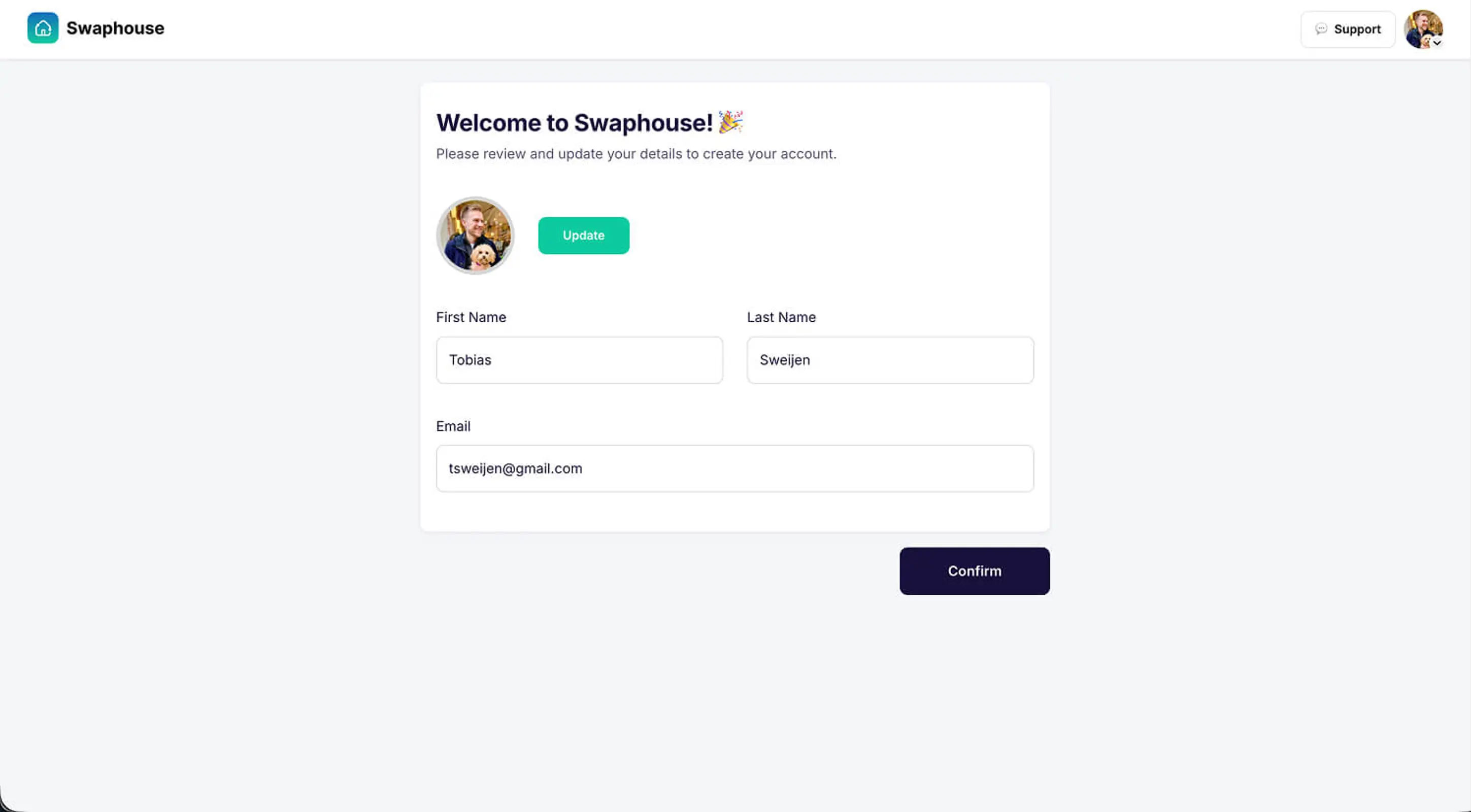 Confirm your profile details on Swaphouse