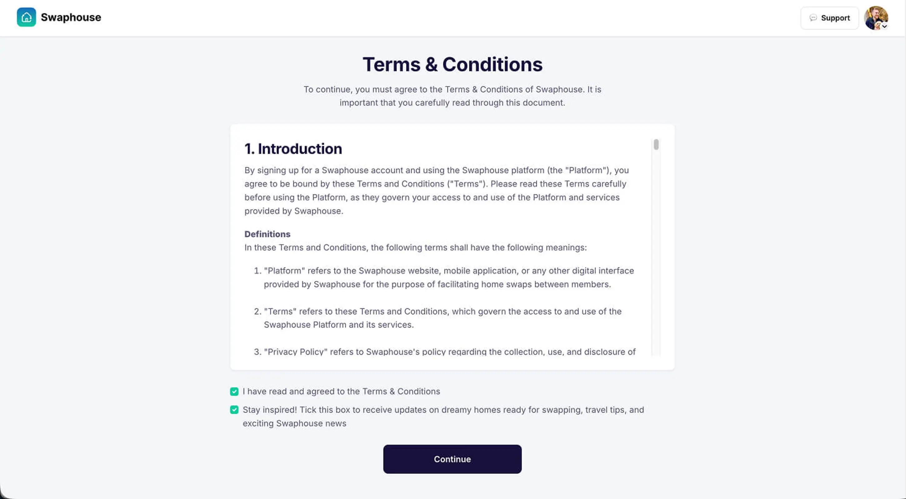 Accept Terms and Conditions on Swaphouse