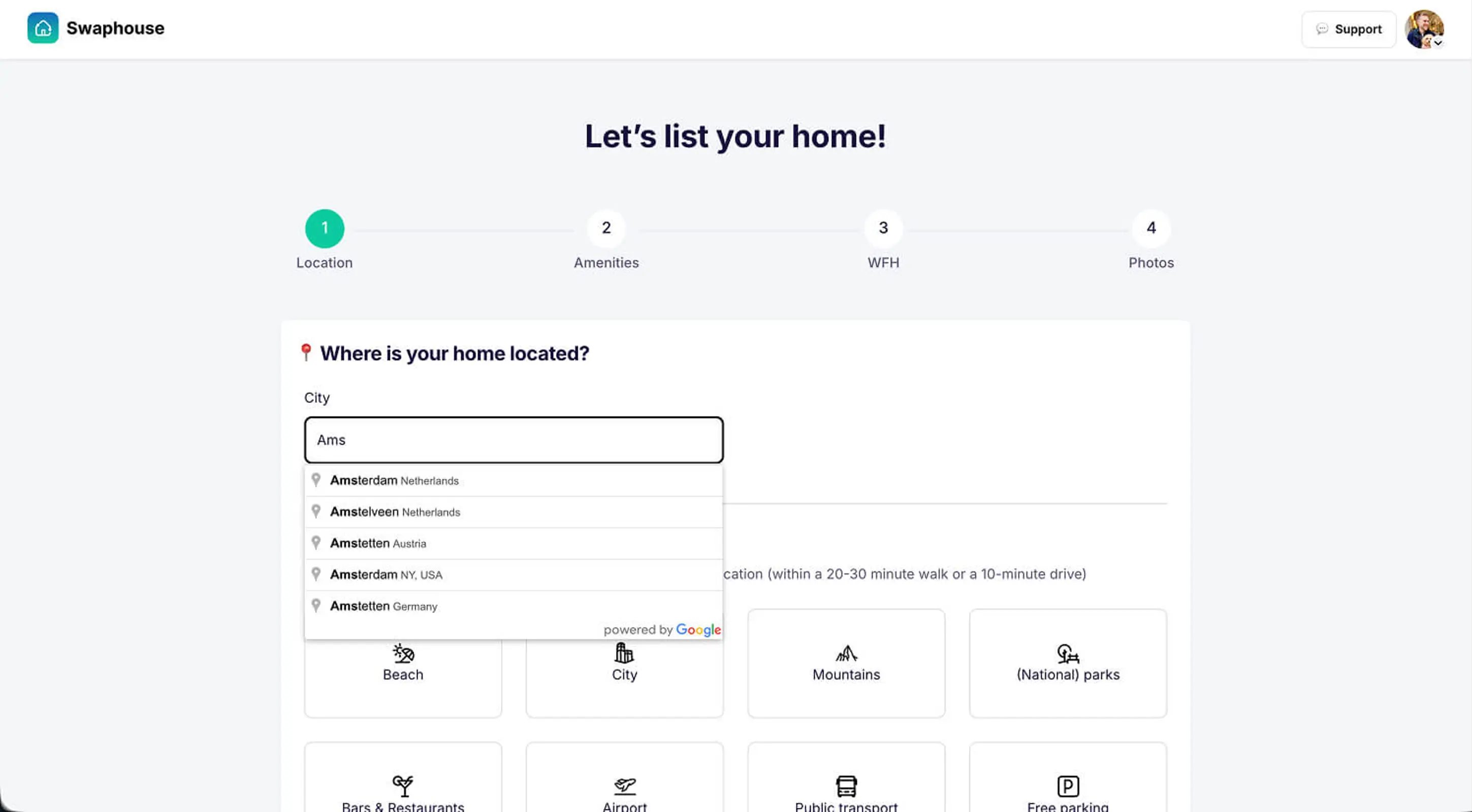 Swaphouse location search with Google suggestions