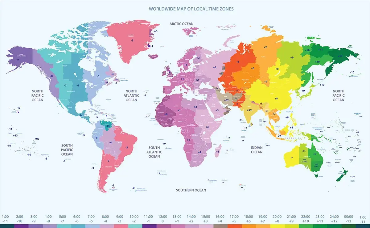 World map with timezones for home swapping