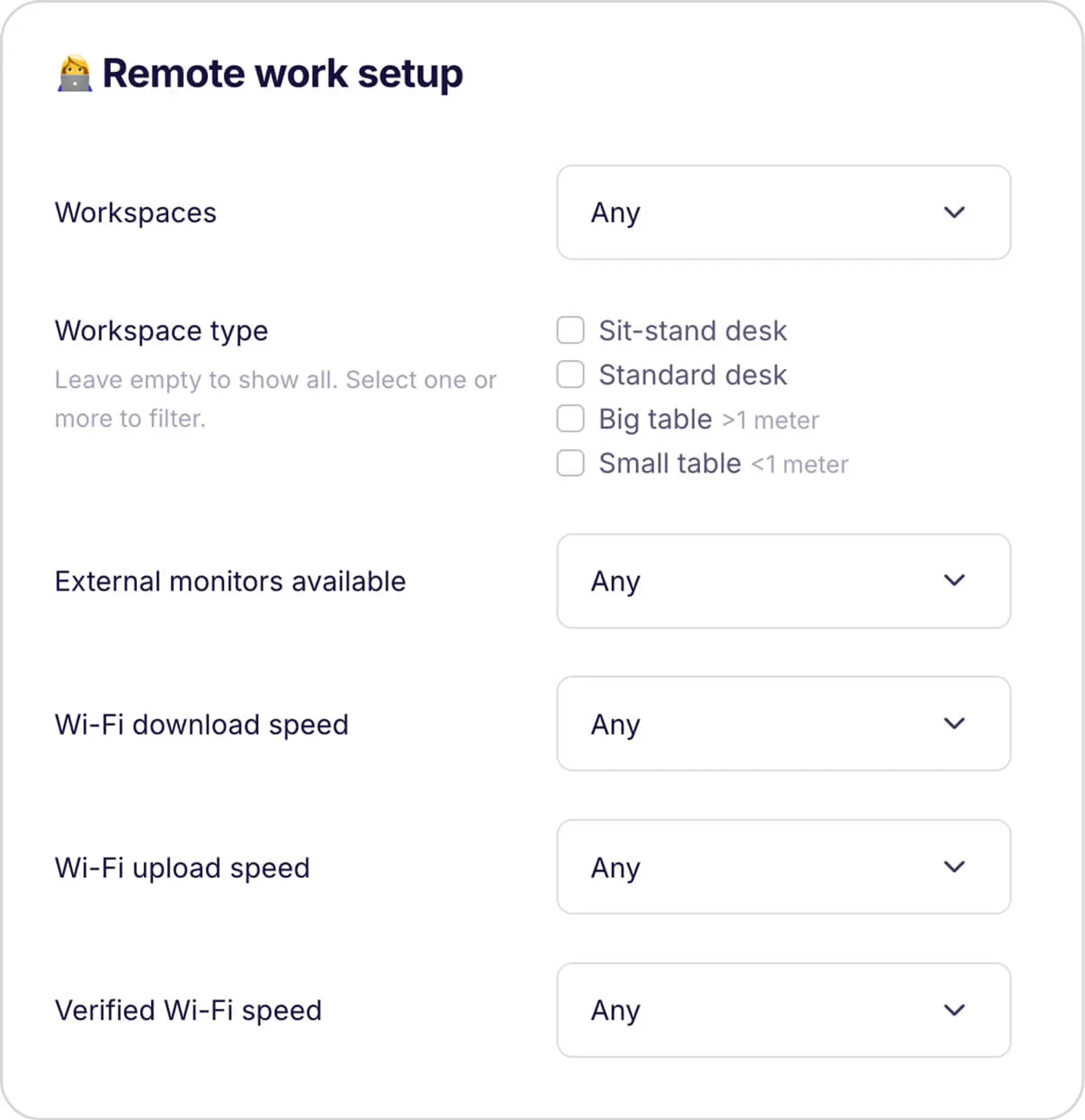 Swaphouse new remote work filters for desk type, Wi-Fi speed, and monitors