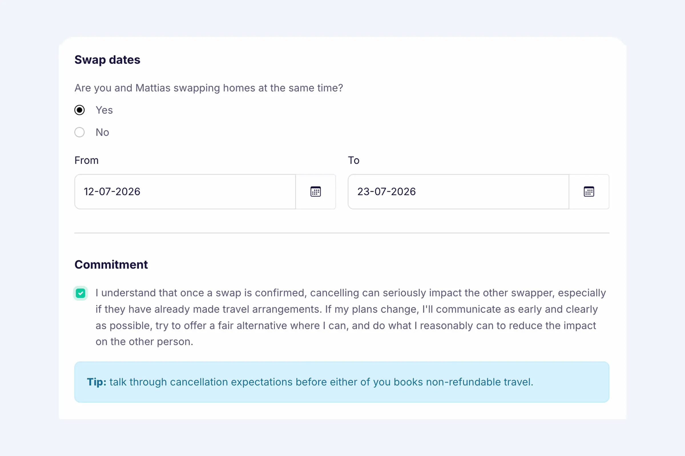 Swaphouse swap request: swap dates and commitment checkbox with cancellation tip